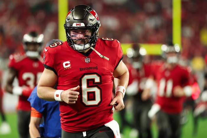 Tampa Bay Buccaneers quarterback Baker Mayfield (6) runs during warm ups before a 2024 NFC wild card game against the Philadelphia Eagles at Raymond James Stadium.